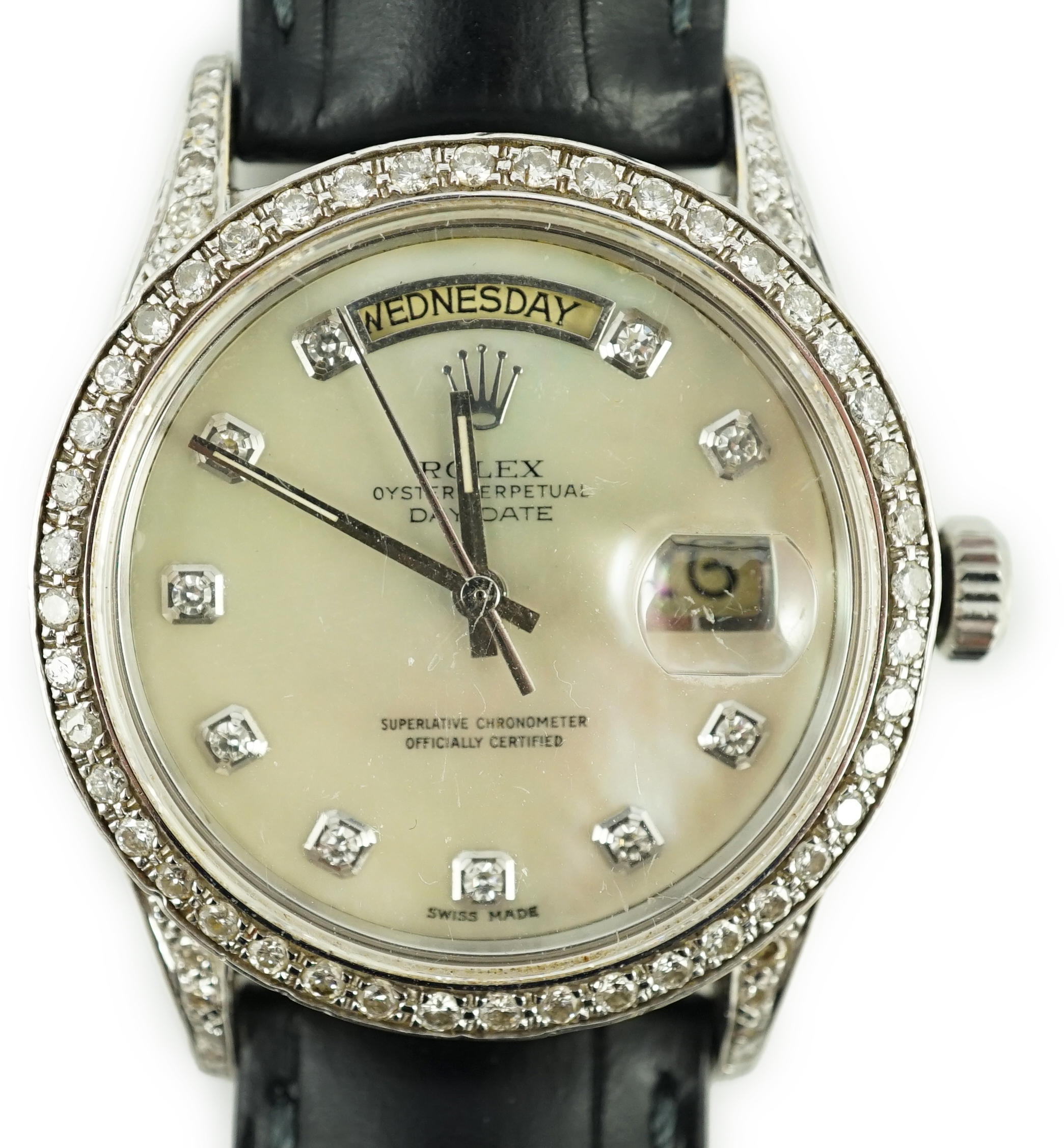 A gentleman's 1980's 18k white gold Rolex Oyster Perpetual Day Date wrist watch, with after market mother of pearl and diamond dial and diamond set bezel and lugs